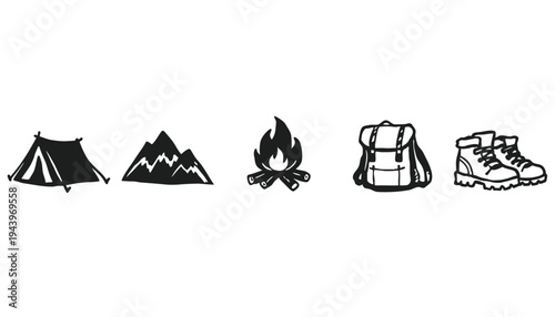 Camping icons set including tent, mountain, campfire, backpack, and hiking boots