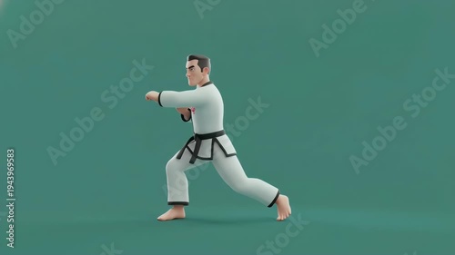 Animated 3D male martial artist in a gi performing a dynamic high kick on a green screen chroma key background. Taekwondo, karate, combat, discipline, sports action concept.