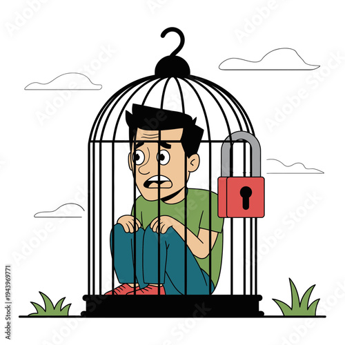 A man trapped inside a large birdcage with a red padlock