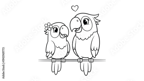 Lovebirds' Line Art: A pair of adorable cartoon parrots, perched together, share a tender moment, symbolizing love and connection, perfect for conveying warmth and affection.