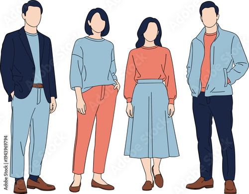 Stylish diverse group in modern casual outfits, vector fashion illustration, blazers, sweaters, wide pants, skirts, trendy everyday office streetwear collection