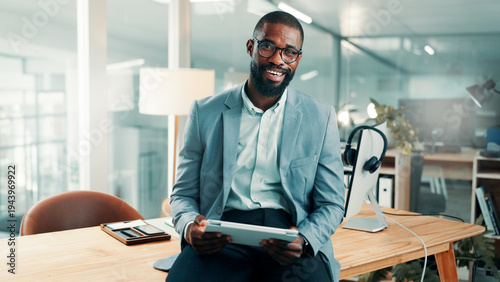 Cuadro en lienzo Business, happy and portrait of black man with tablet for financial consultant, about us and career