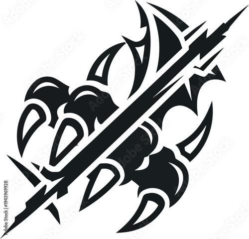 Black tribal tattoo with sharp spear and curved blades white