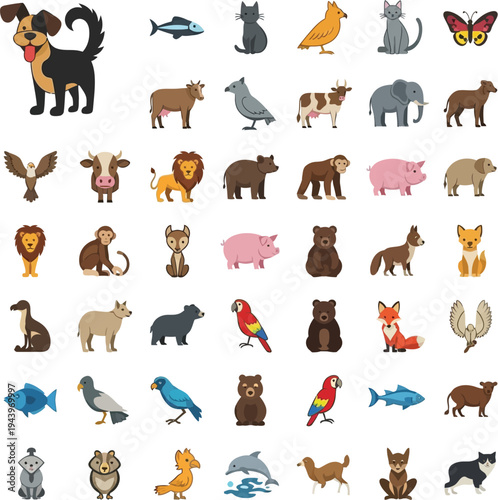 Diverse collection of stylized cartoon animal illustrations featuring domestic pets like dogs and cats farm animals such as cows and pigs wild creatures including lions bears