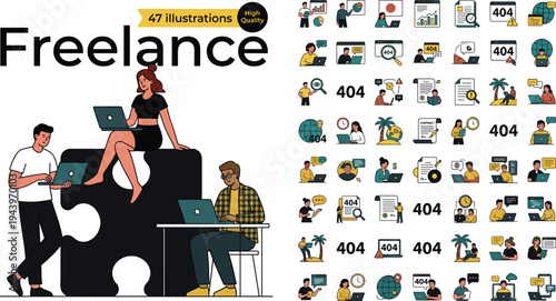 Comprehensive freelance and remote work vector illustration megapack with 47 high-quality digital nomad and business lifestyle icons