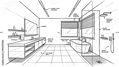 Luxury modern bathroom perspective featuring freestanding oval tub, glass walk-in shower, and technical architectural annotations.