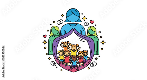 People gathered in a colorful circle.