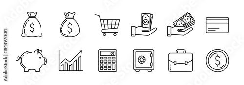 Personal finance and banking outline icon set featuring money bag piggy bank calculator and credit card