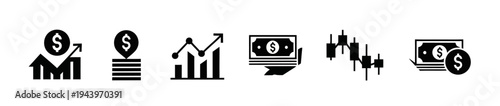 Financial market trading and investment black icon set showing candlestick charts stock growth and cash piles