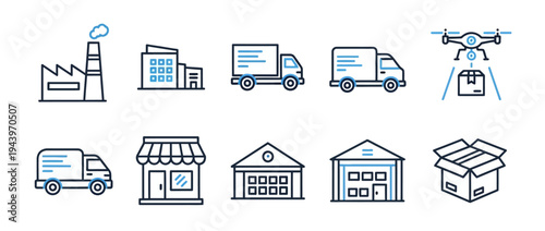Logistics and supply chain outline icon set with factory delivery trucks drone warehouse and store