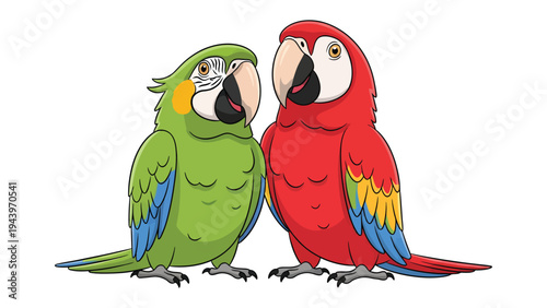 Two Colorful Macaws: A pair of vibrant macaws, one green and blue, the other red and yellow, stand side-by-side, showcasing their striking plumage and friendly demeanor.
