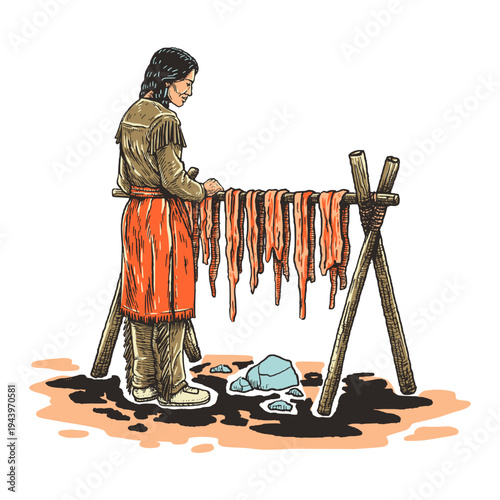 Native American man drying meat on wooden rack traditional food preservation vector illustration