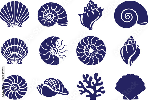 Vectoe art of collection of various blue seashells and marine life icons