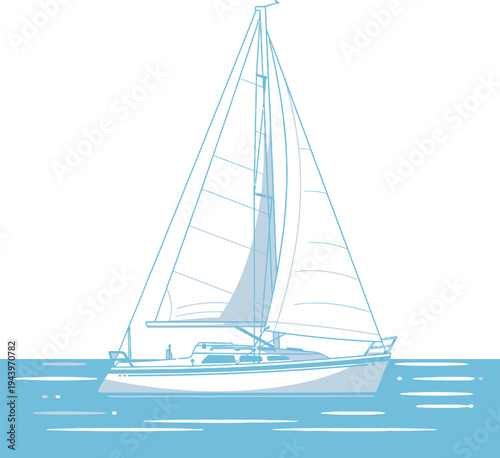 Elegant white sailboat with full sails glides serenely across calm blue water depicted in a clean minimalist line art illustration style conveying freedom and adventure