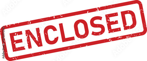 A red textured rubber stamp with the word ENCLOSED shown diagonally on a plain white surface