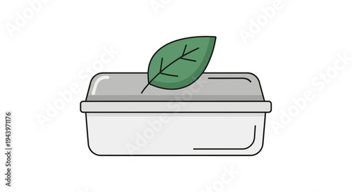 Eco-friendly food container with a green leaf symbol.