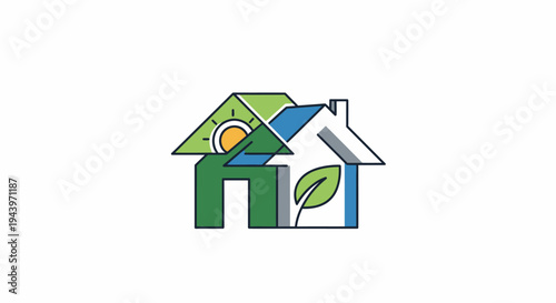 Eco-friendly houses with sun and leaf symbols.