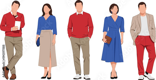 Stylish diverse professionals in smart casual outfits, vector fashion illustration, red sweaters, blue wrap dresses, beige skirts, modern office attire group