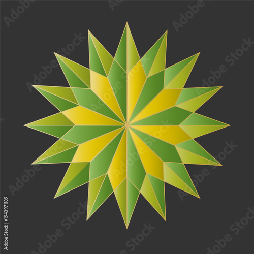Geometric star illustration. Radiant polygon ornament. Green yellow palette. Abstract Vector emblem.