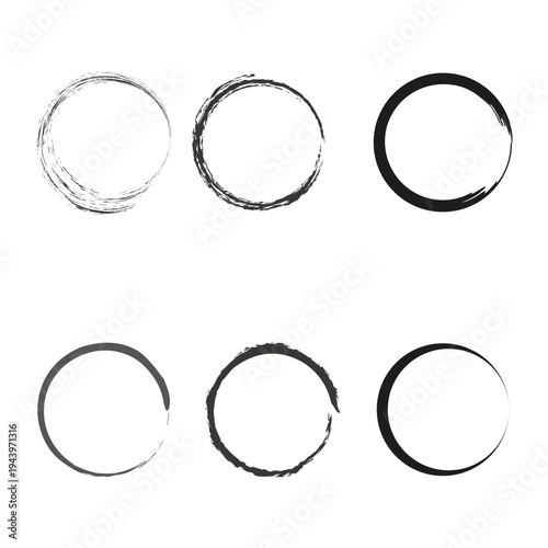 Grunge circle set. Round border collection. Ink Vector stroke. Rough ring shape.