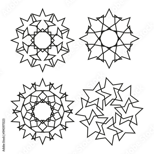Star geometric mandalas. Abstract circular shapes. Black outline Vector ornament. Decorative pattern set..