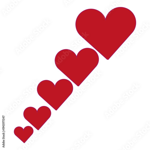 Growing red hearts. Love scale Vector element. Five romance symbols. Passion concept image.