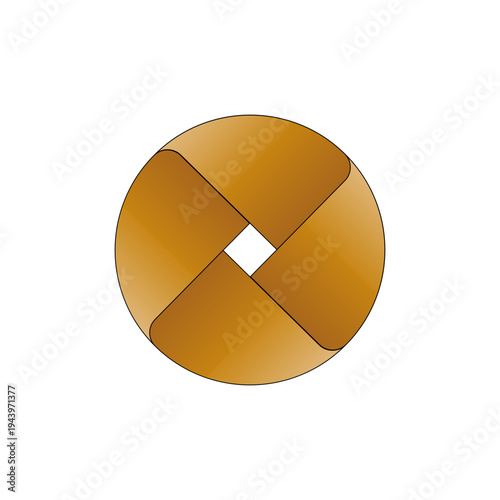 Golden circular logo. Infinite rotation symbolism. Unique Vector shape. Polished metallic emblem.