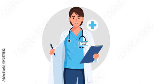 Female doctor wearing a white coat and stethoscope holding a pen and clipboard.