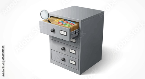 Filing cabinet with open drawer revealing organized contents and magnifying glass.