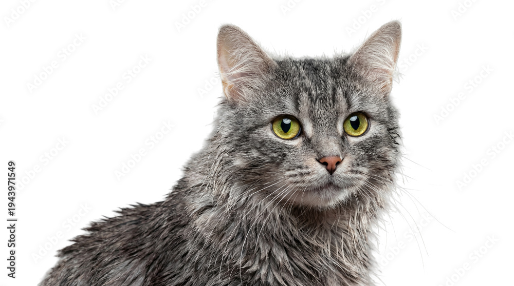 Fototapeta premium a detailed portrait of a grey tabby cat with bright green eyes, its fur slightly ruffled, looking intently to the side against a crisp white backdrop.