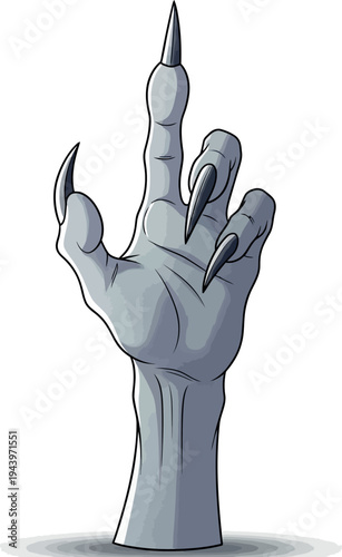 Gray zombie hand with long sharp nails rising from ground claws