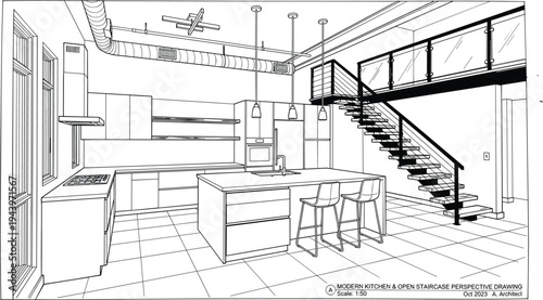 Detailed interior perspective of a modern kitchen and open staircase featuring industrial exposed ductwork, a kitchen island, and minimalist cabinetry.