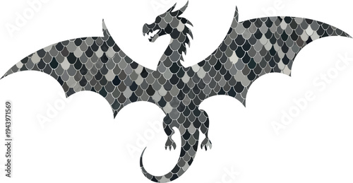 Gray dragon with scales and wings spread mosaic
