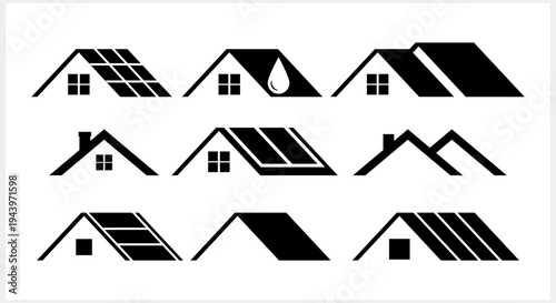 Stencil roof of house set clipart isolated. Logo Solar battery Icon vector stock illustration