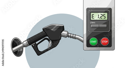 Fuel pump nozzle and digital display showing price.