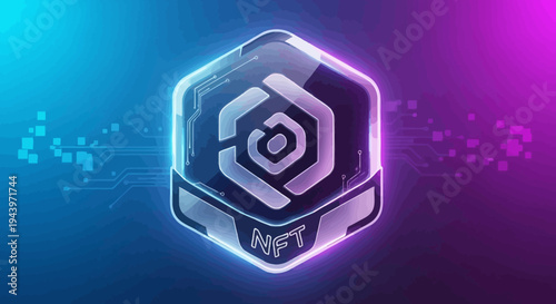 Futuristic Hexagonal NFT Token Glowing with Digital Aura.