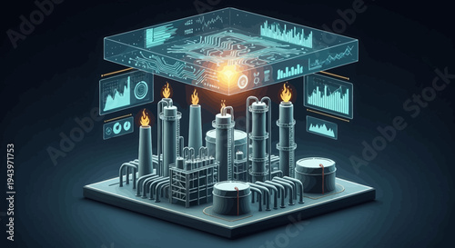 Futuristic Industrial Refinery with Digital Data Visualization.