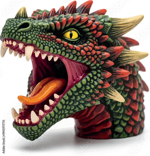 Green and red dragon head sculpture with sharp teeth and yellow eye