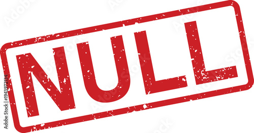 A striking red rubber stamp with the word NULL in uppercase letters features a gritty distressed texture on white