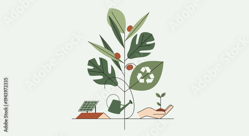 Green plant with recycling symbol and solar panel illustration.