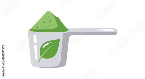 Green powder in a white measuring scoop with leaf icon.