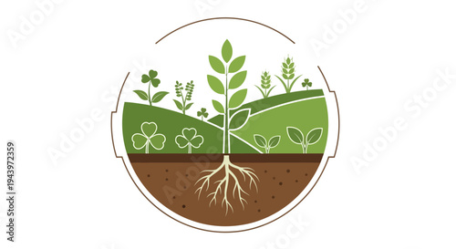 Green plant with roots growing in soil and fields.