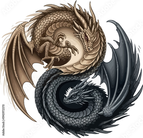 Intertwined dragons in brown and gray scales with wings spread mythical creatures