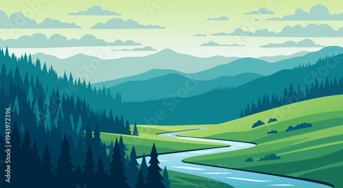 Scenic vector illustration of a winding river flowing through lush green hills and evergreen forests under a cloudy sky