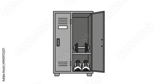 Gym locker with open door showing contents inside.