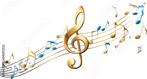 Elegant Gold and Blue Musical Notation Illustration on a Curved Staff