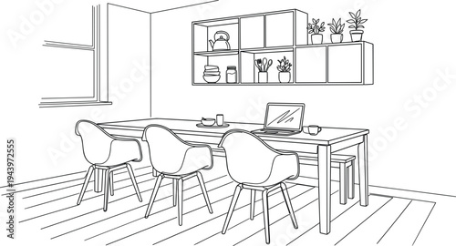 Modern multifunctional dining room perspective featuring minimalist wooden table, designer chairs, and modular wall shelving for home office.