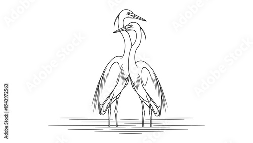 Graceful Heron Silhouette: Two elegant herons stand together in shallow water, captured in a minimalist monochrome style. This artwork is suitable for both nature enthusiasts and design professionals.