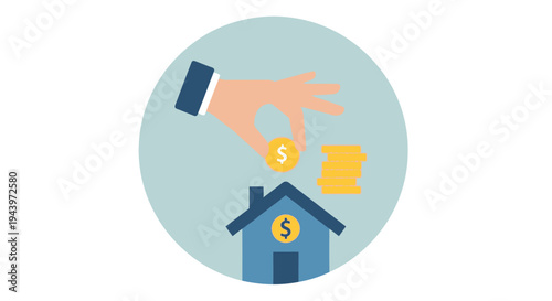 Hand dropping coin into house symbolizing investment.