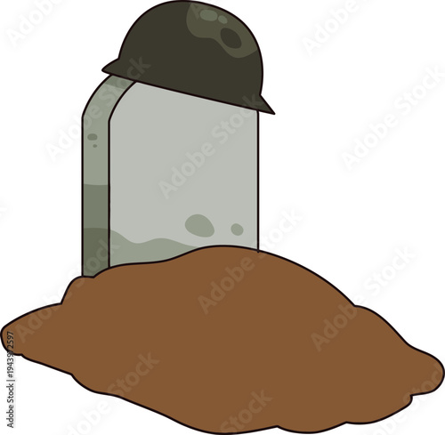 Tombstone with military helmet on top.